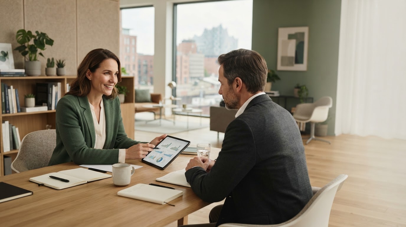 Summit Vestholm professional reviewing predictive market data on a tablet interface